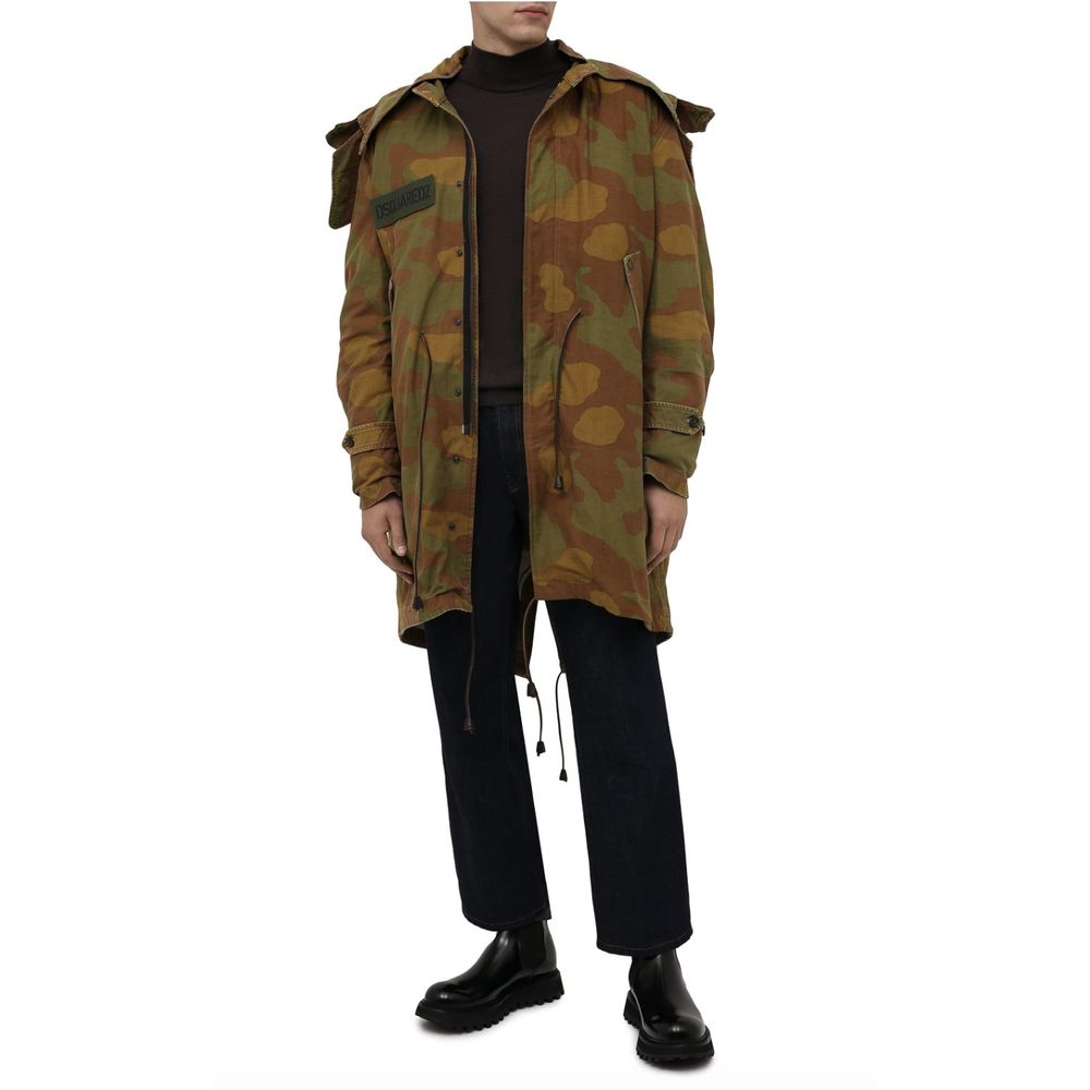 Dsquared² Tarnfarbener Kapuzenparka mit Lederakzenten